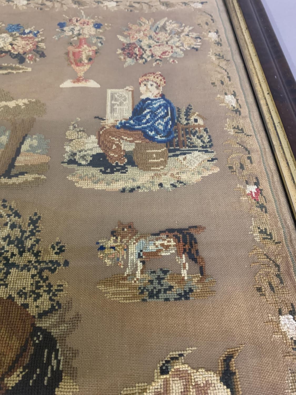 A large 19th century framed and glazed wool and silk work picture dated 1846 “Mary Profser’s work - Image 4 of 5