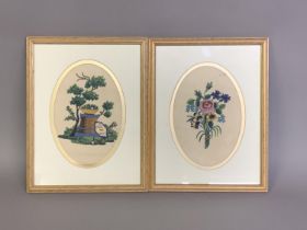 Two 19th century French beadwork panels, framed and glazed, originally the two sides to a lady’s