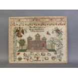 A Chinese Temple: A mid-19th century wool work sampler by Phebe Wittles aged 9 years, unusual in