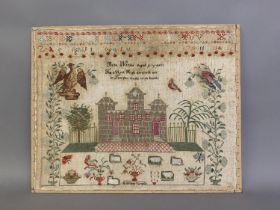 A Chinese Temple: A mid-19th century wool work sampler by Phebe Wittles aged 9 years, unusual in