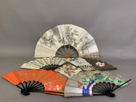 Five Japanese fans and a fan-printed cotton handkerchief: the first large dance fan in wood, the