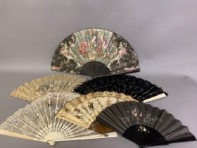 C 1890’s, a selection of large fans, with wood or bone montures: A bone fan mounted with a black