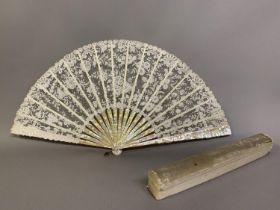 Brussels Bobbin Appliqué: A large Belgian lace fan contained in a cream silk covered fan box with