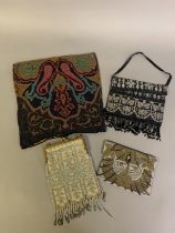 19th century beaded bags: three woven- metal beaded bags, the first in gold and very pale green,