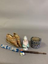 A selection of sewing accoutrements and related items: A 19th century beaded pincushion in bucket