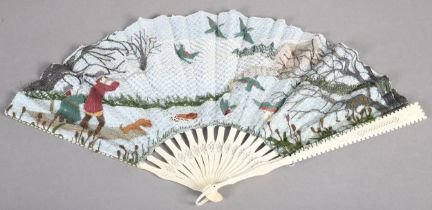 Ann Collier: “The Duck Shoot”, a large, mixed lace fan, the monture of incised and shaped bone,