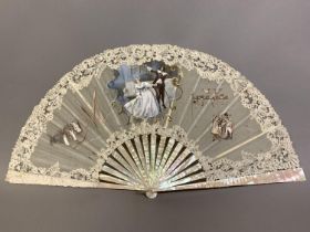 Mollie: An unusual, dated, l Brussels bobbin lace fan of large form, the leaf mounted on pink mother