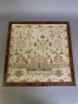 Jane Hughes, August ? 1850: a well-balanced wool work sampler, framed and glazed, featuring a