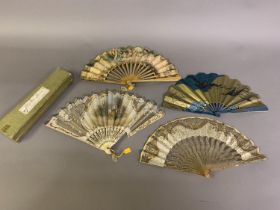 Three early 20th c fans, the first perhaps 1910’s, in shaped and painted pale horn, the monture with
