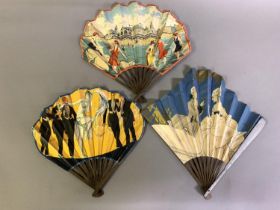 Three good and scarce advertising fans, 1920’s in fontange form: a colourful example showing a