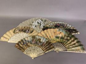 Five 19th century fans: the first, with carved, pierced and gilded bone monture, double leaf, the