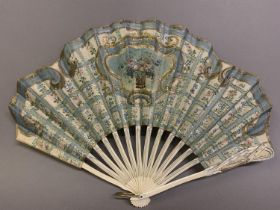 Early 20th century, a bone and mother of pearl fan with shaped/ballon silk leaf, the upper guard