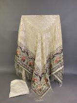 A mid-19th century printed silk gauze summer shawl, fringed, designed with 4 concentric borders