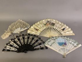 Four 19th/20th century fans: the first, in white mother of pearl, mounted with a gauze leaf, is