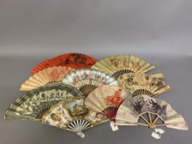 Nine French advertising fans: the first, dated 1901, printed with a wedding procession, complete