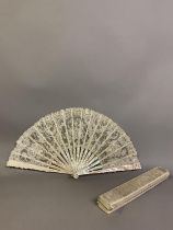 A Brussels Point de Gaze lace fan, the leaf worked with raised rose petals, hand made net ground,
