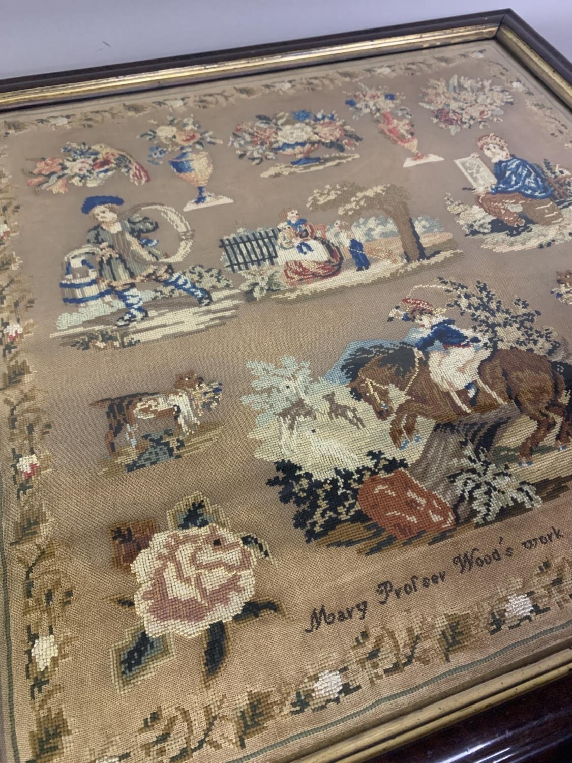 A large 19th century framed and glazed wool and silk work picture dated 1846 “Mary Profser’s work - Image 2 of 5