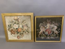 Two 19th century woolwork pictures, framed and glazed, the first worked with the British coat of