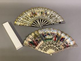 Two good fans c 1840’s, with interesting montures: the first with shaped sticks alternating dark