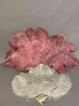 A large ostrich feather fan, the feathers in shades of pink to raspberry, the mottled sticks of faux
