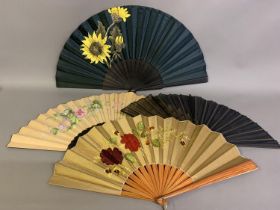 19th century floral fans: four large fans c 1890’s, the first with attractive polished wood monture,