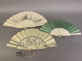 C 1895, a bone fan, the cream silk leaf painted in Art Nouveau style, with maidens in loose, flowing