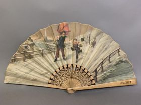 Walking the dog! A large fan c 1890’s, the double paper leaf mounted on pierced wood sticks, the