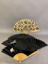 Five 19th century fans: a fan of plain wood, probably bamboo, mounted with a double paper leaf,