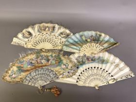 A Jenny Lind or Palmette fan, 19th century, the silk panels painted with a scene of gentlefolk at