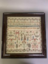 Dated 1854, a 19th century wool work sampler, framed and glazed, worked within a floral border