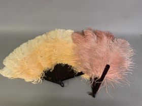 A large shaded salmon to light pink boxed ostrich feather fan, the monture tortoiseshell, well