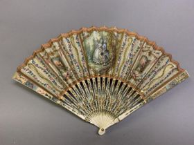 An early 20th century bone fan, a pastiche of an 18th century fan, with very detailed monture, the