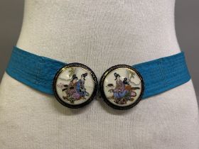 An early 20th Century Japanese belt buckle, an exquisite example of hand painted enamel and gilded