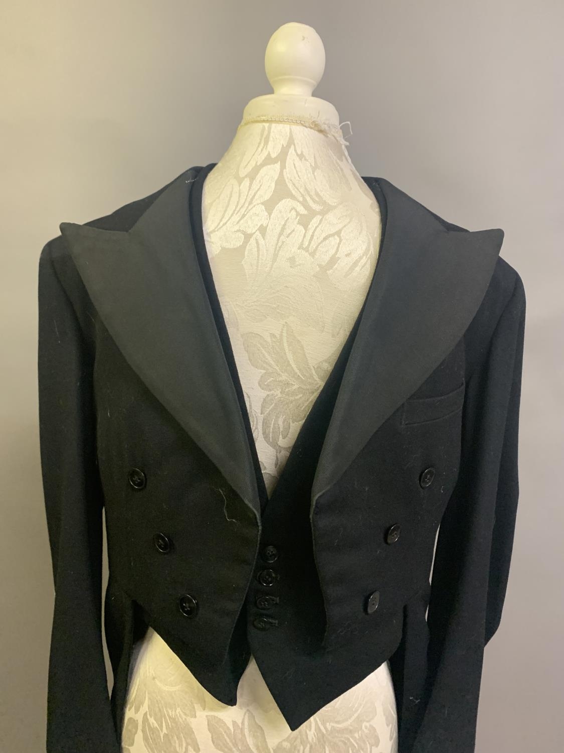 A gentleman’s vintage 3-piece morning suit with striped trousers and waistcoat, short jacket with - Image 2 of 4