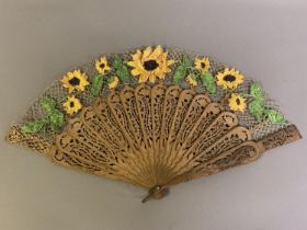 Ann Collier: Sunflowers, a needlelace fan leaf mounted on mid-19th century fan sticks probably of