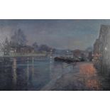 ARR Alan Stanle (20th century), The Thames at night with moored barges and bankside houses, oil on