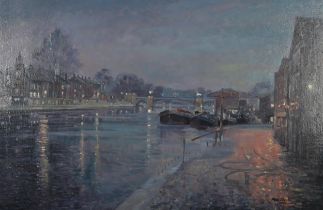 ARR Alan Stanle (20th century), The Thames at night with moored barges and bankside houses, oil on