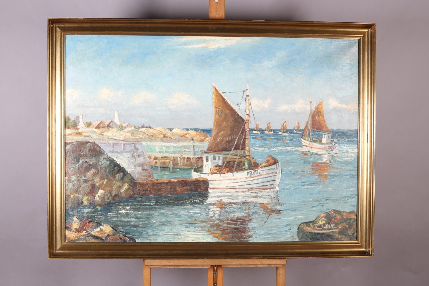 J*ue (Mid-20th century), Danish, Danish coastal scene with fishing boats heading out to sea, oil - Image 2 of 6