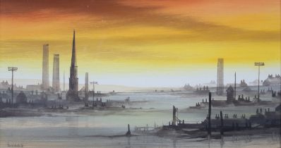 ARR Brian Shields 'Braaq' (1951-1997), Tuesday Toil, industrial water way under evening skies,