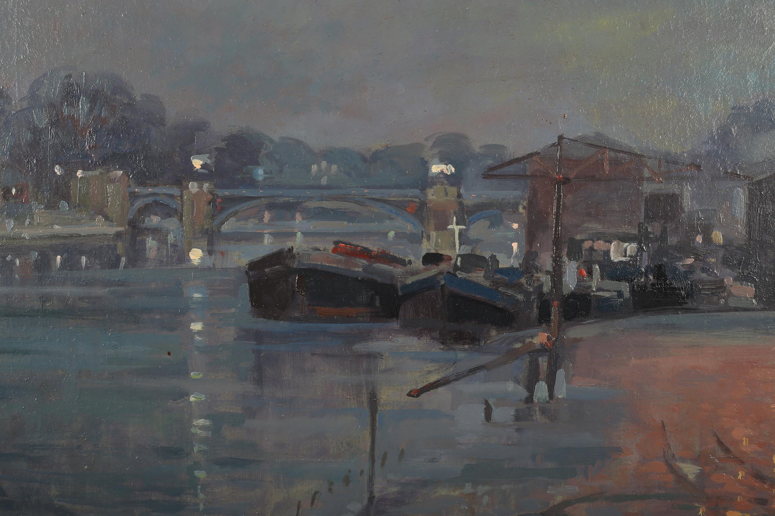 ARR Alan Stanle (20th century), The Thames at night with moored barges and bankside houses, oil on - Image 3 of 4