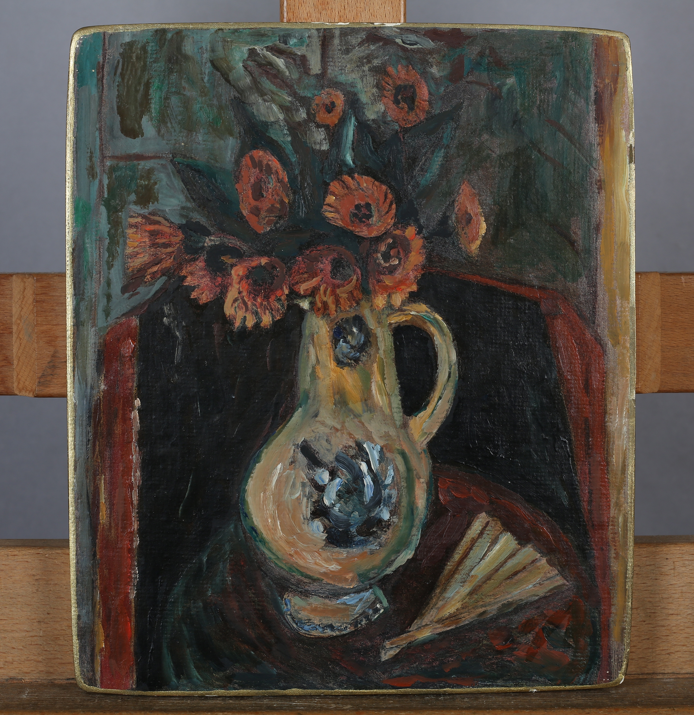 After René Auberjonois (Swiss 1872-1957), Stilleben, flowers and fan on a table, oil on paper laid - Image 2 of 4