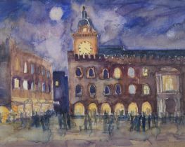 ARR Ina Pickard (Contemporary), Piazza Maggiore, evening with figures, watercolour over pencil,