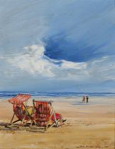 ARR Dom Goldie (Contemporary), Sitting On The Beach, oil on board, signed to lower right, 25cm x