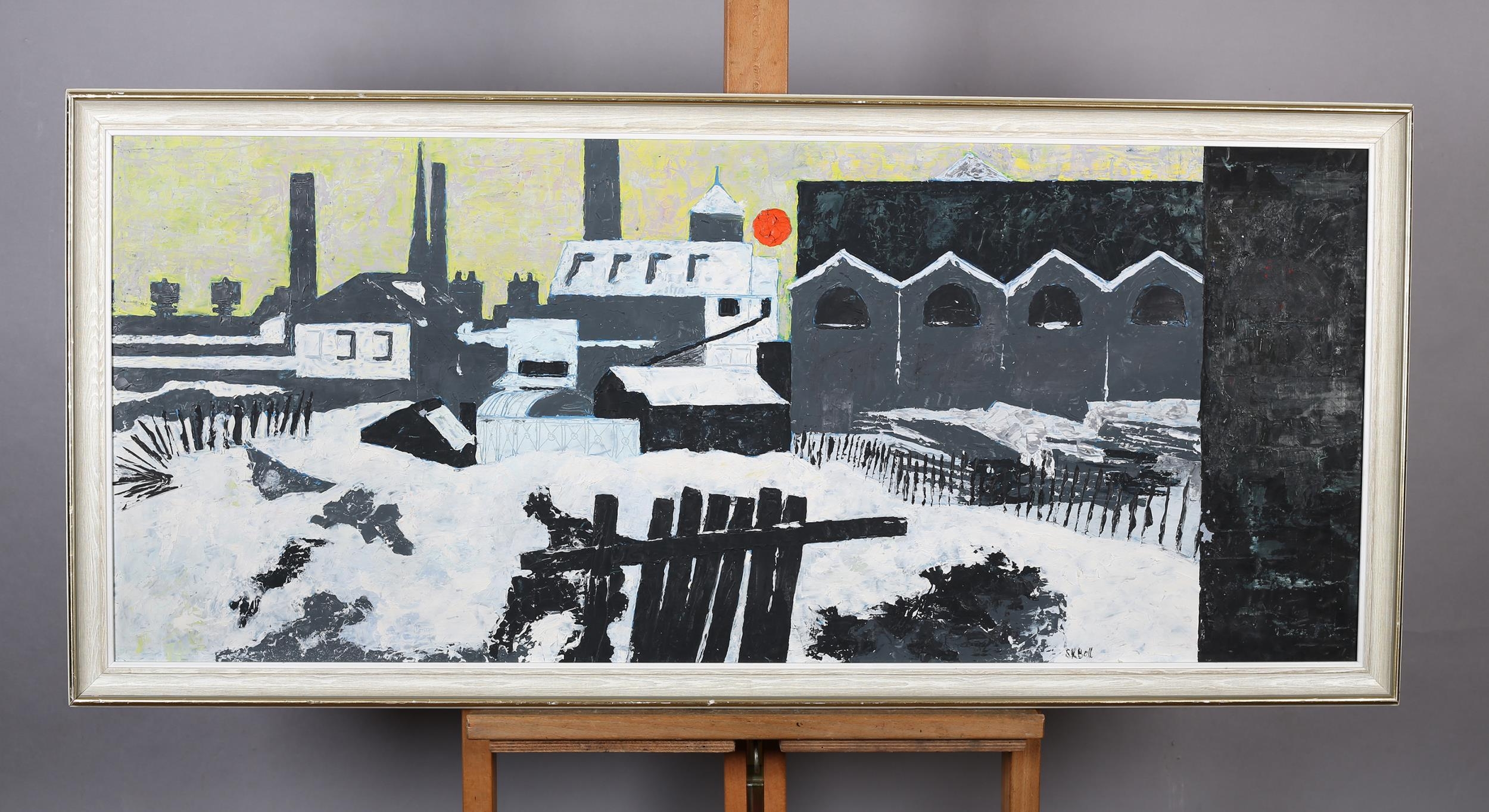 ARR S* K* Ball (20th century), snow covered industrial landscape, oil on board, signed to lower - Image 2 of 5