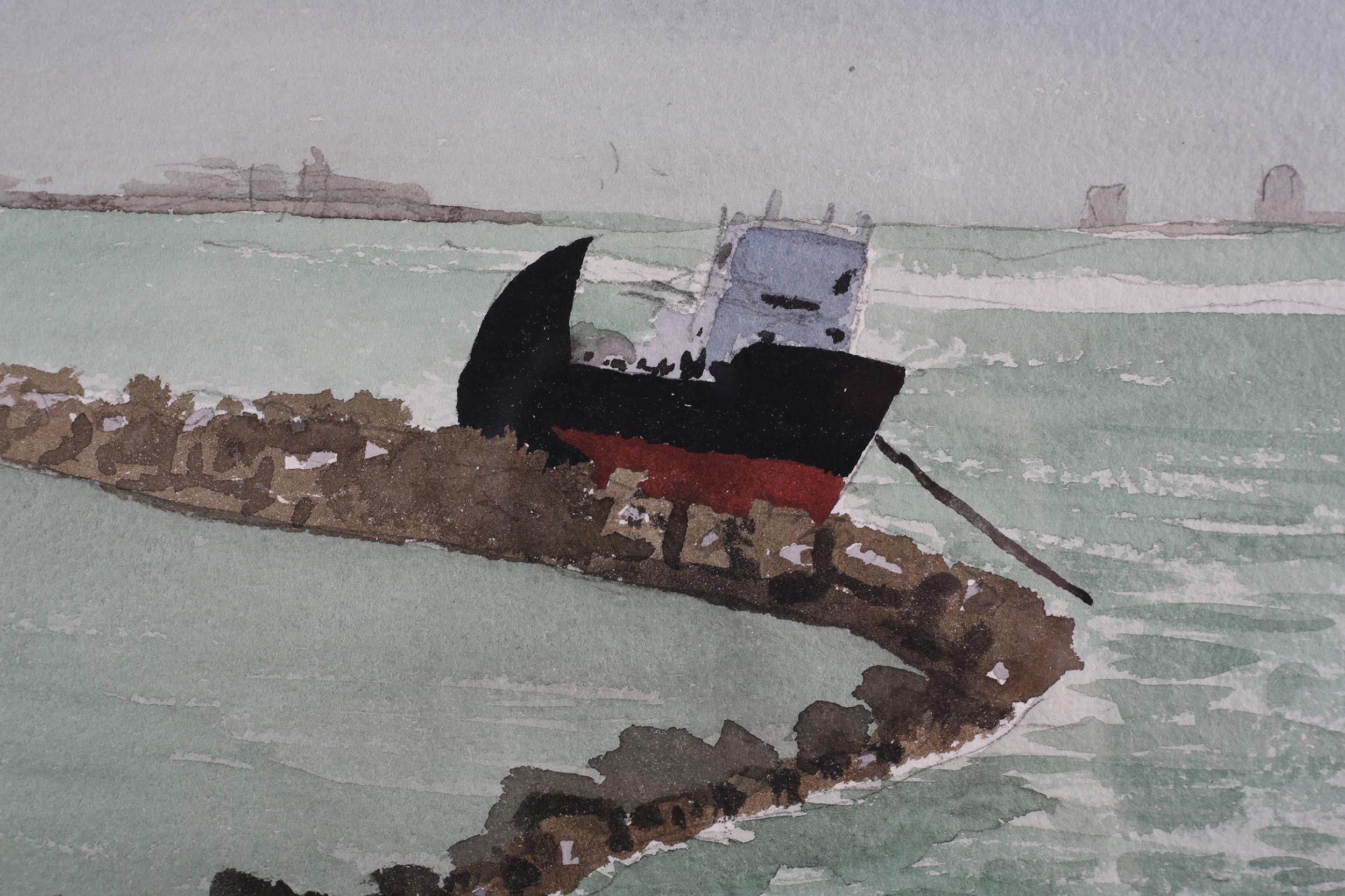 ARR Patrick Procktor (1936-2003), Cargo ship at anchor beside a breakwater, watercolour over pencil, - Image 3 of 4