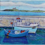 ARR Joanne Wishart (Contemporary), Harbour scene with moored fishing boats, Northumberland, mixed