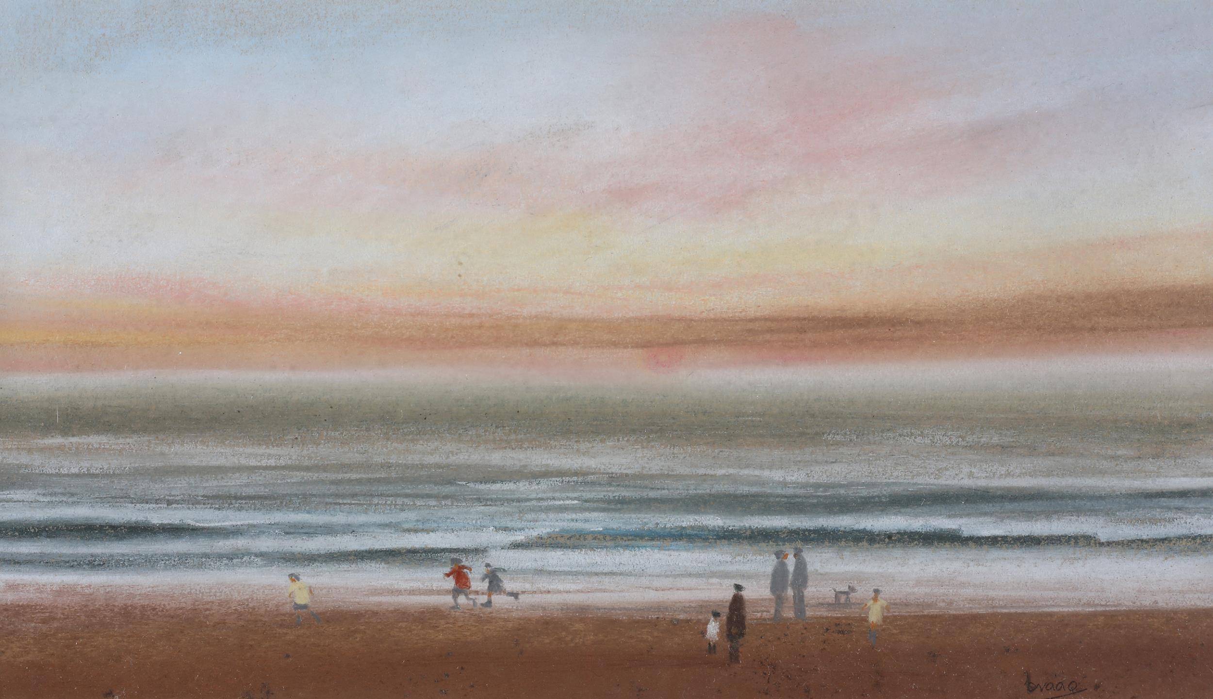 ARR Brian Shields 'Braaq' (1951-1997), Beach scene with figures at sunset, pastel, signed to lower