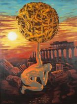 ARR Alex Cohen (Contemporary), Surrealist composition of Atlas holding up Humanity caught in a