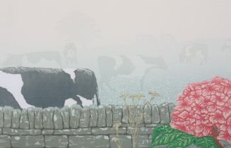 John Jones (Contemporary), Sea Fret and Hydrangea, reduction lino print in full colour, limited