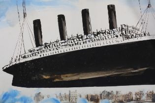 ARR John Glashan (1927-1999), An Ocean liner being hoisted up watched by a seated audience,